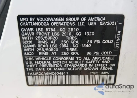 2021 Volkswagen Atlas 3.6L V6 Se W/Technology из США, поврежденный, VIN 1V2JR2CA6MC604911